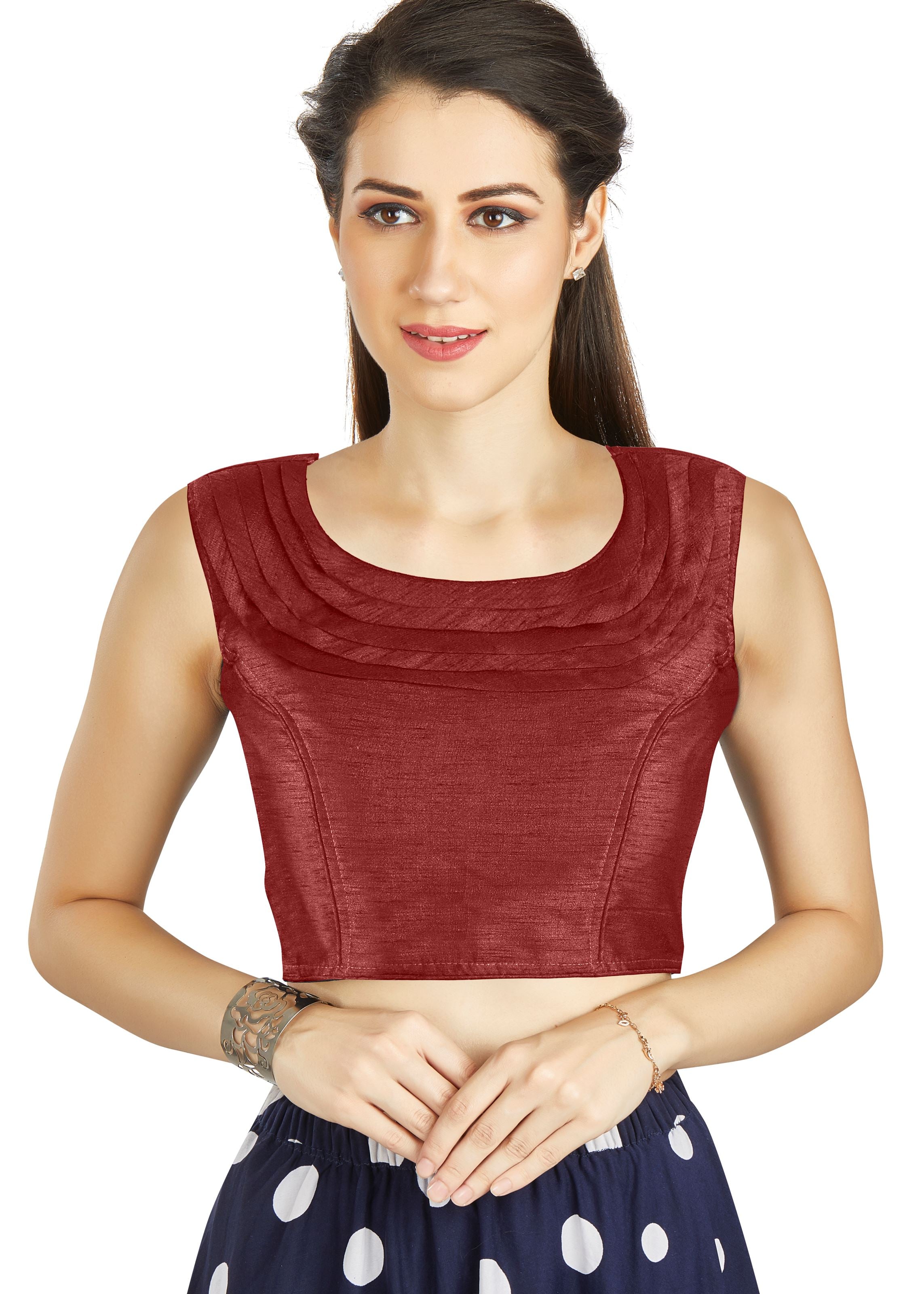 Maroon Art Silk Pleated Boat Neck Plain Blouse