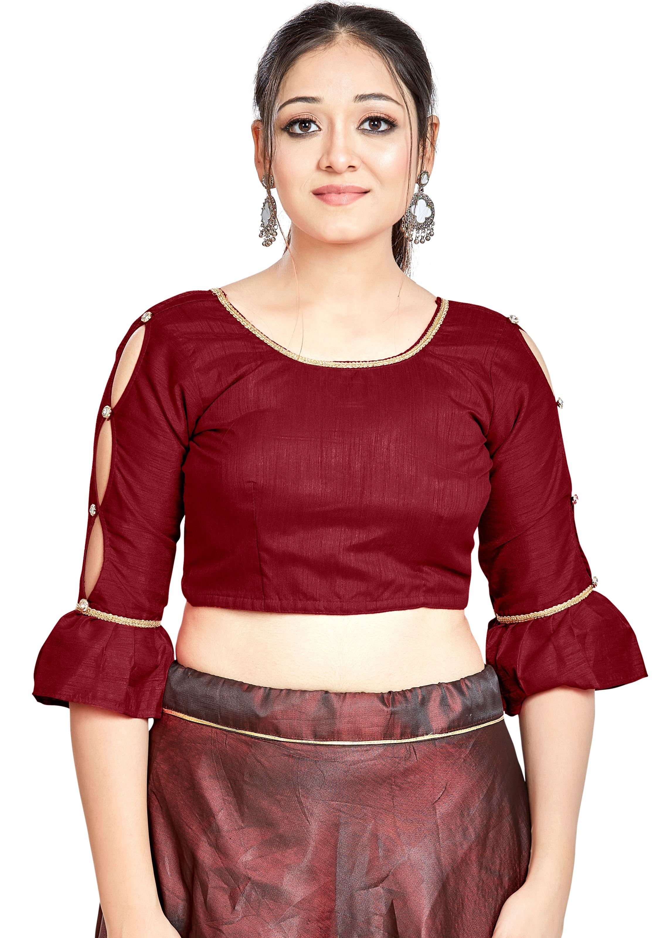 Maroon Art Silk Round Neck Blouse With Sleeve Button Design