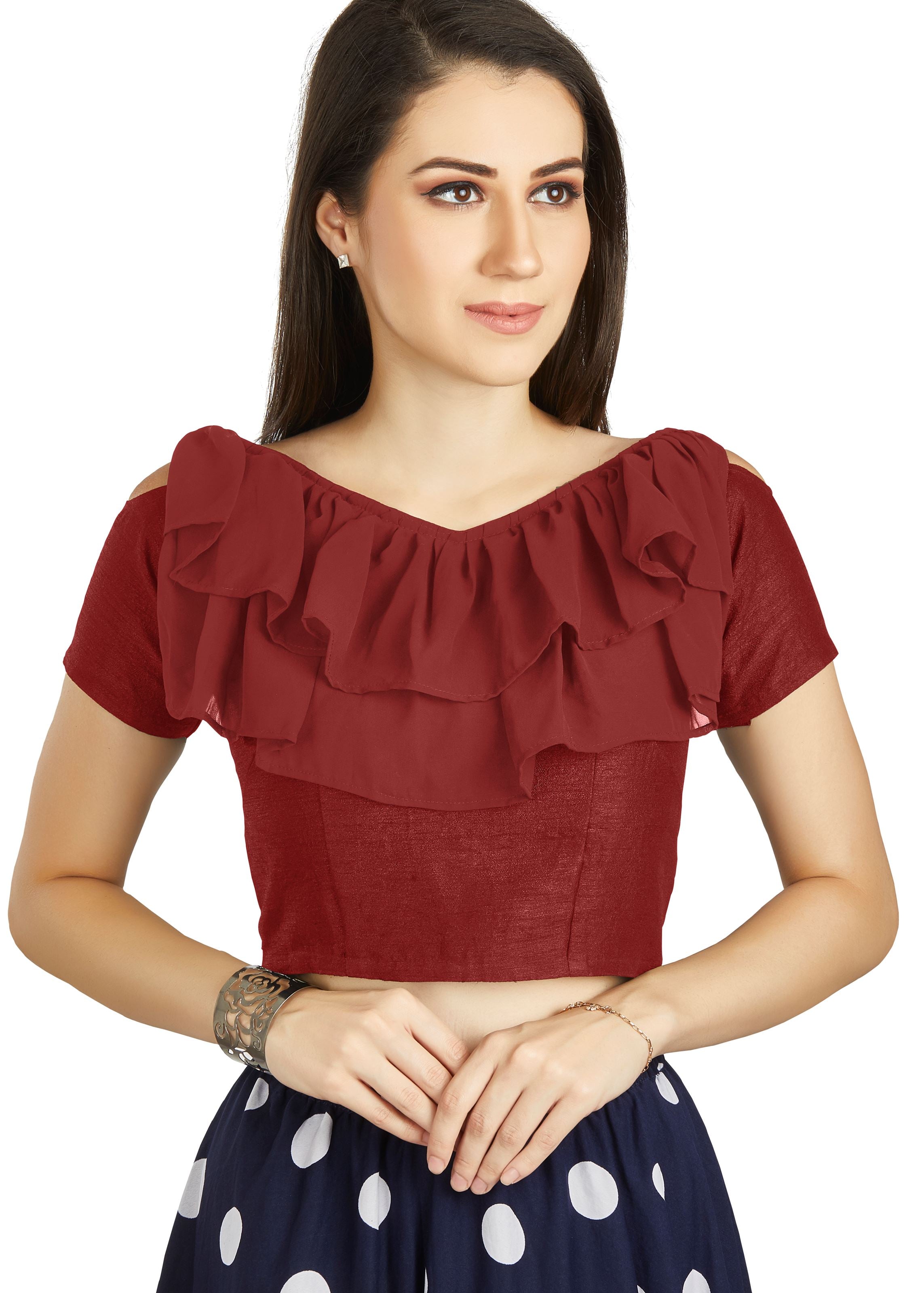 Maroon Art Silk V Neck Blouse With Frill neck Work