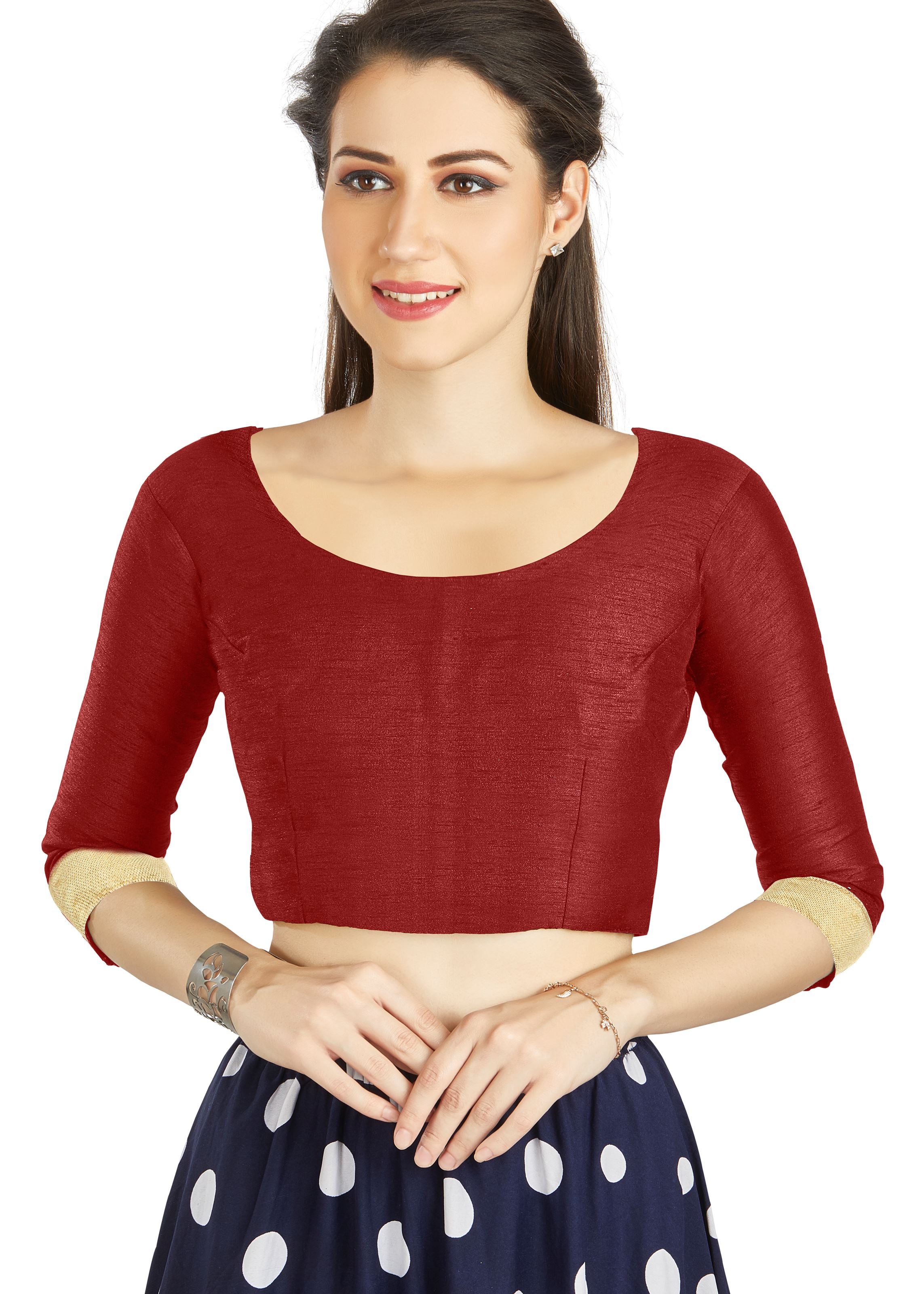Maroon Art silk U Neck Blouse With Matty Work In Sleeve
