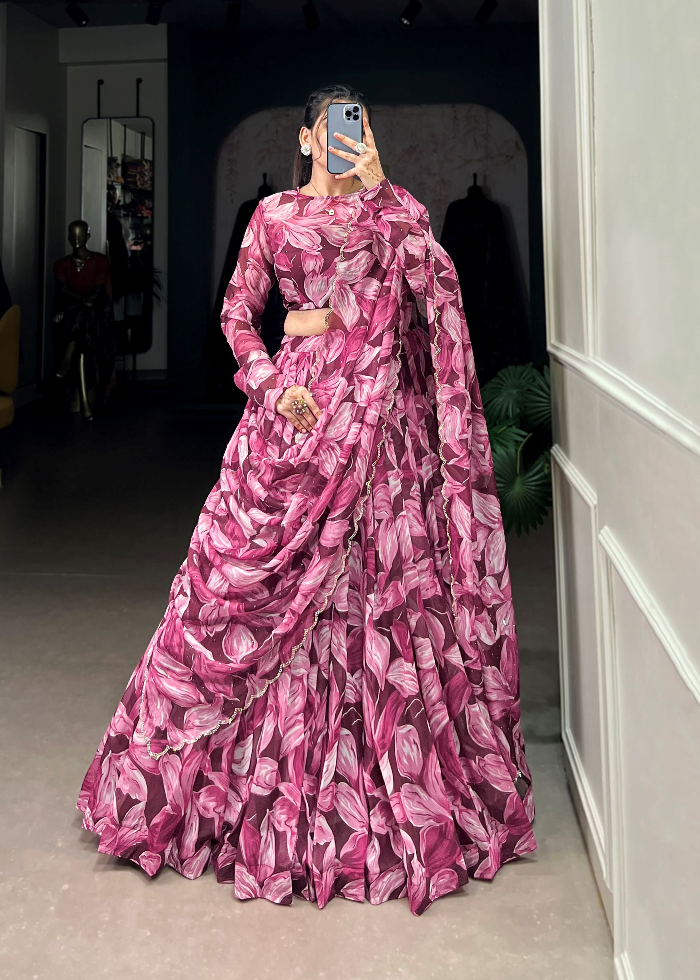 Maroon Elegance Printed Tabby Silk Lehenga with Hotfix Work