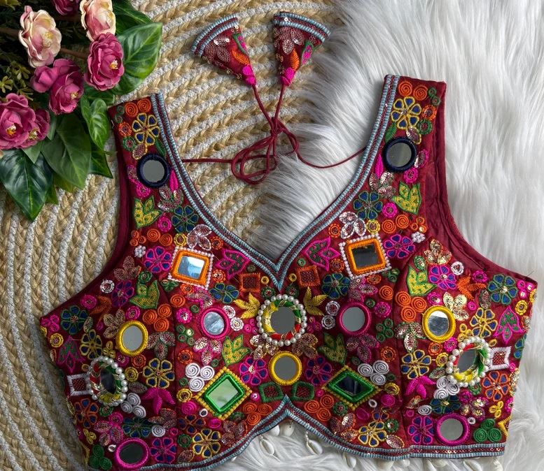 Maroon Fancy Design Apple Cut Blouse With Gamthi Lace  Real Multi Mirror Work