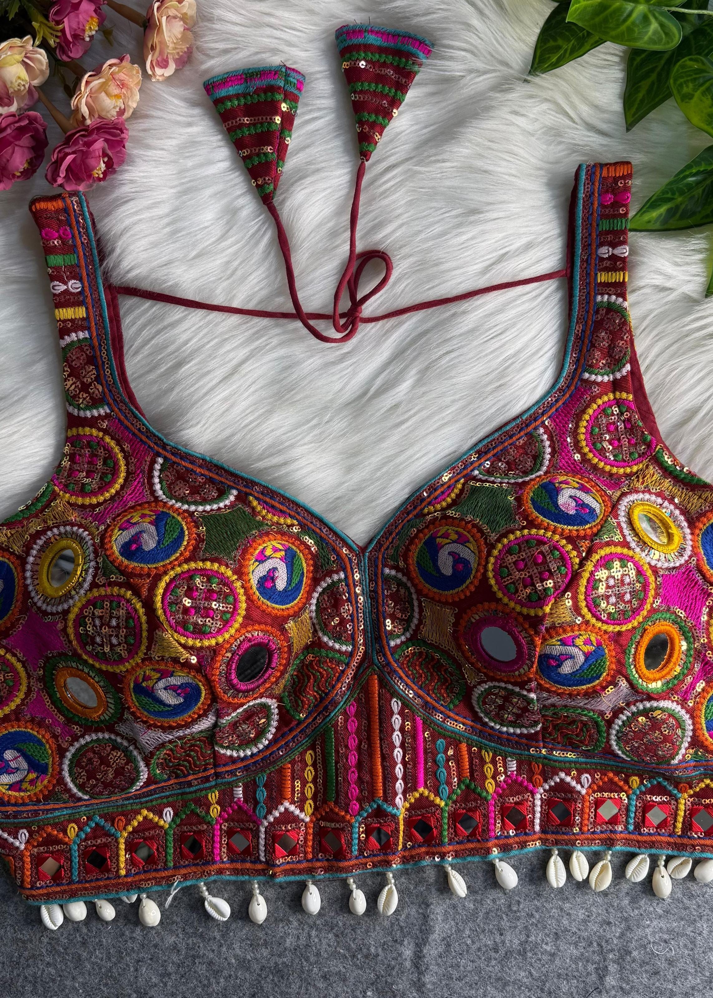 Maroon Gamthi Navratri Blouse with Mirror Work  & Shell Tassels