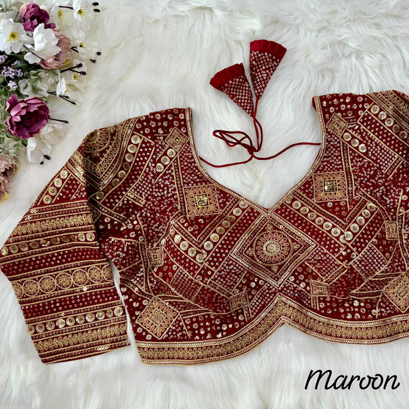 Maroon Heavy Bridal Blouse with Long Sleeves & Apple Cut Design
