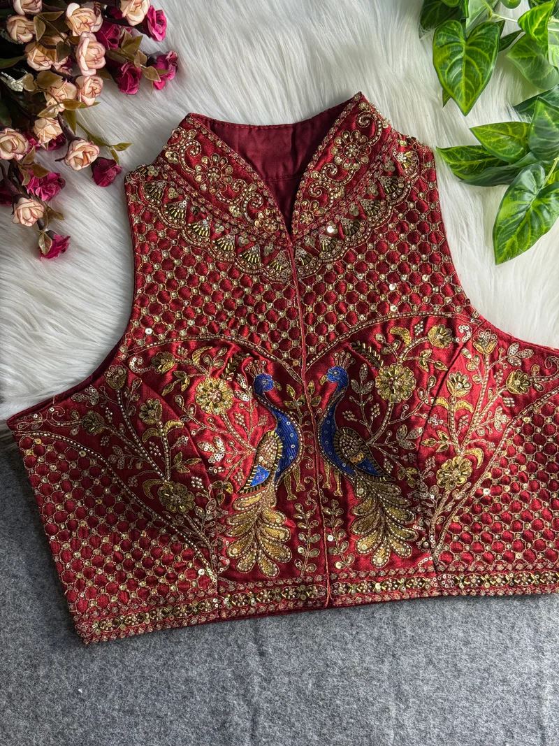 Maroon Peacock Embroidered Blouse with High Neck & Mirror Work