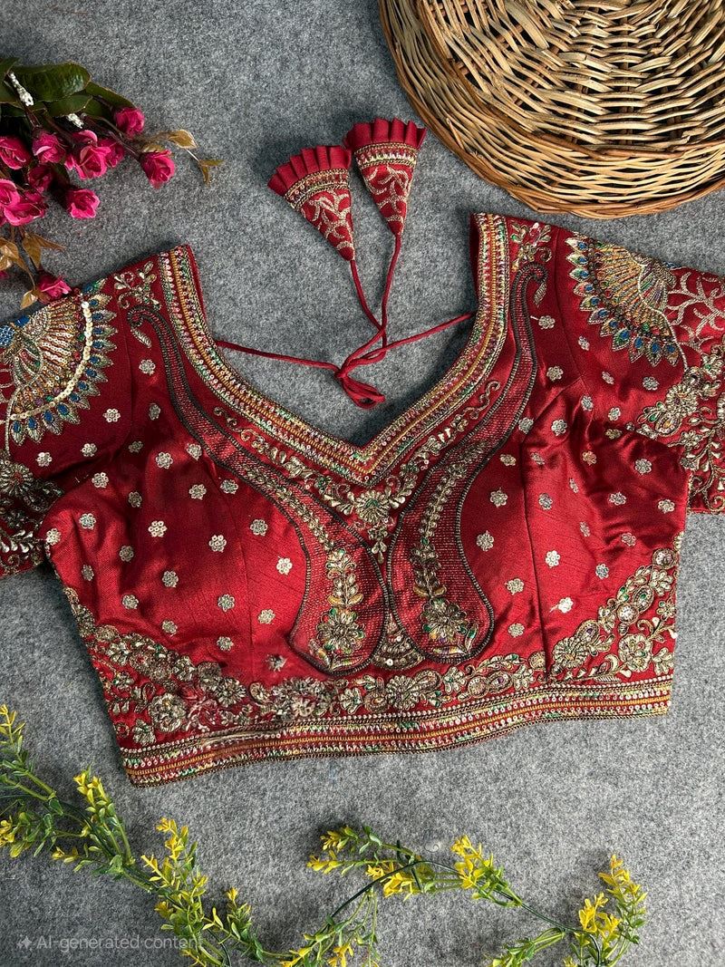 Maroon Peacock Embroidery Work Blouse – Heavy Work on Back & Sleeves