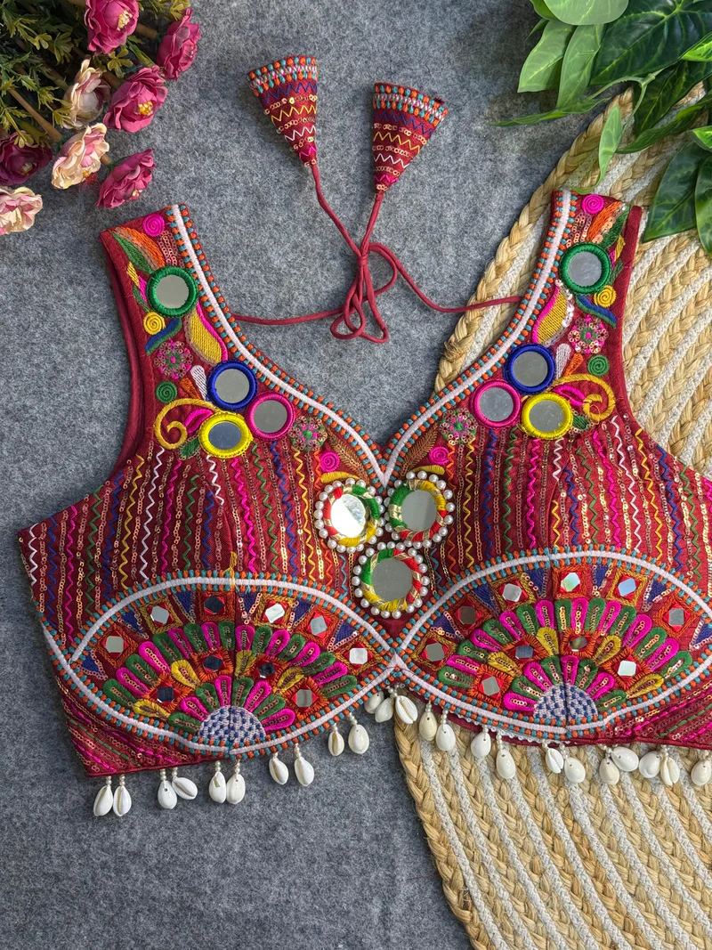 Maroon Real Handwork  Mirror Work Navratri Blouse