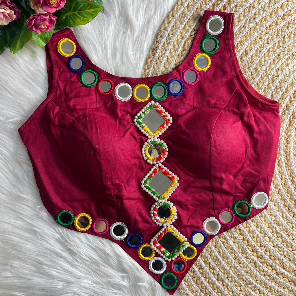 Maroon Real Mirror Navratri Handwork Blouse