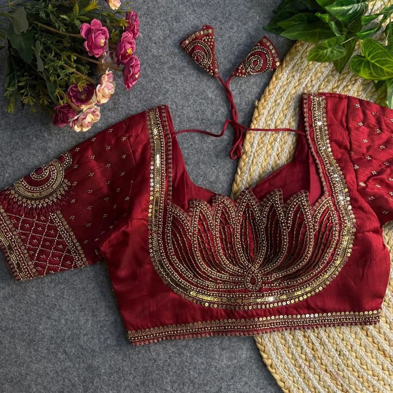 Maroon Sabyasachi-Inspired Heavy Bridal Blouse with Exquisite Lotus Beads Embroidery