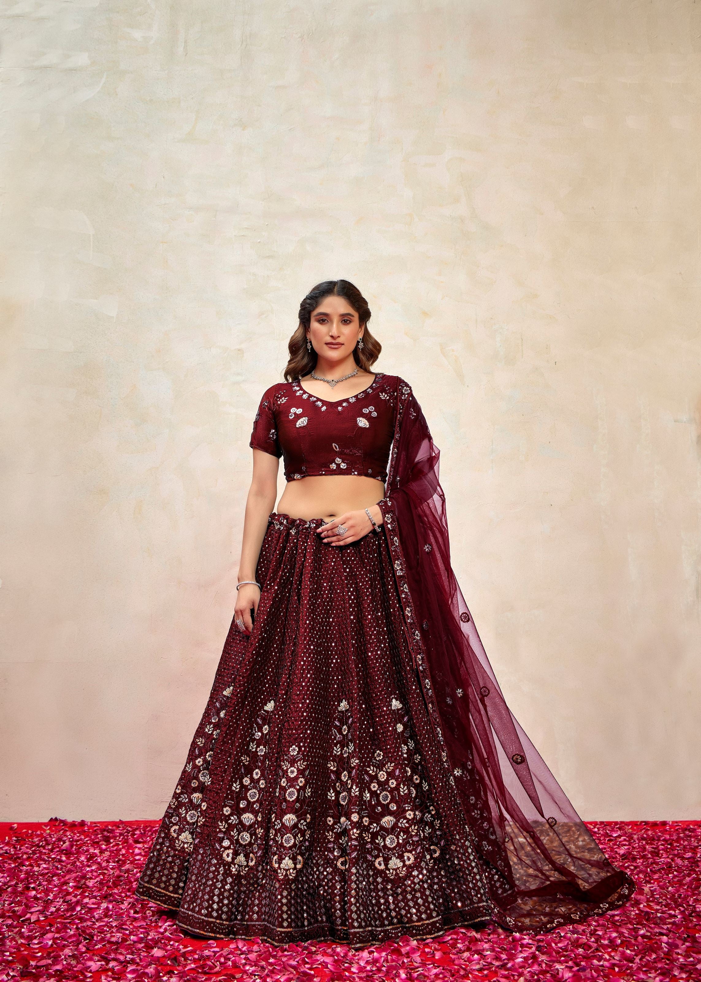 Maroon Silk Lehenga with Handworked Sequin Design
