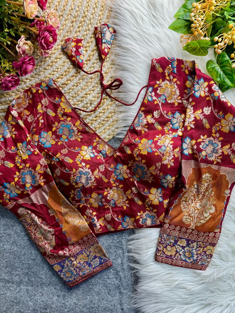 Maroon Soft Dola Silk Blouse with Woven Motifs & Full Sleeves