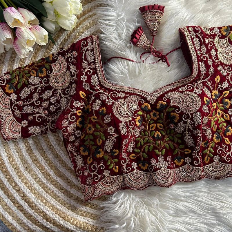Maroon Velvet Bridal Blouse with Multicolor Thread & Zardosi Embroidery