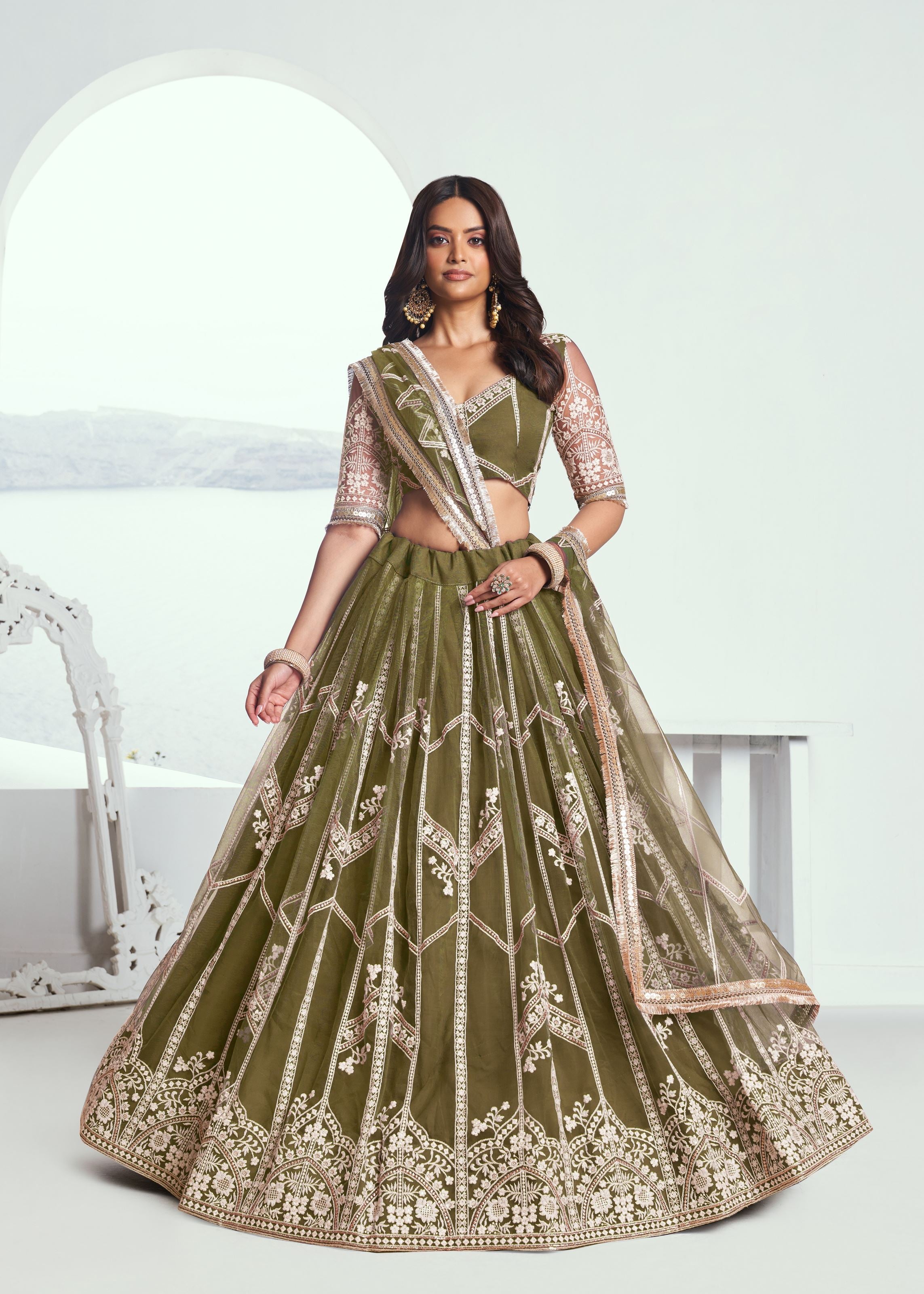 Mehandi Green Lehenga Choli With Zari Work And Sequence Work Embroidery