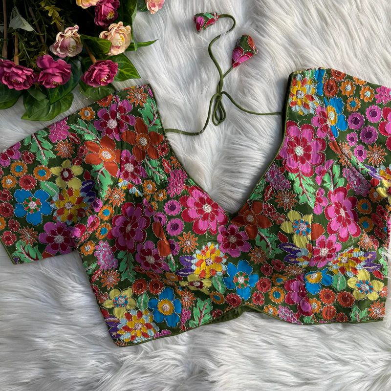 Mehendi Green Blossom Charm Embroidered Designer Blouse