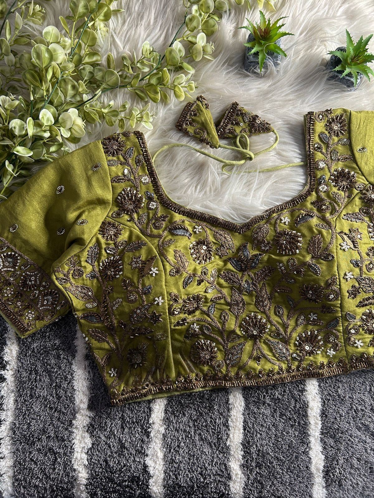 Mehendi Green Designer Embroidered Silk Blouse with Zari & Sequin Work