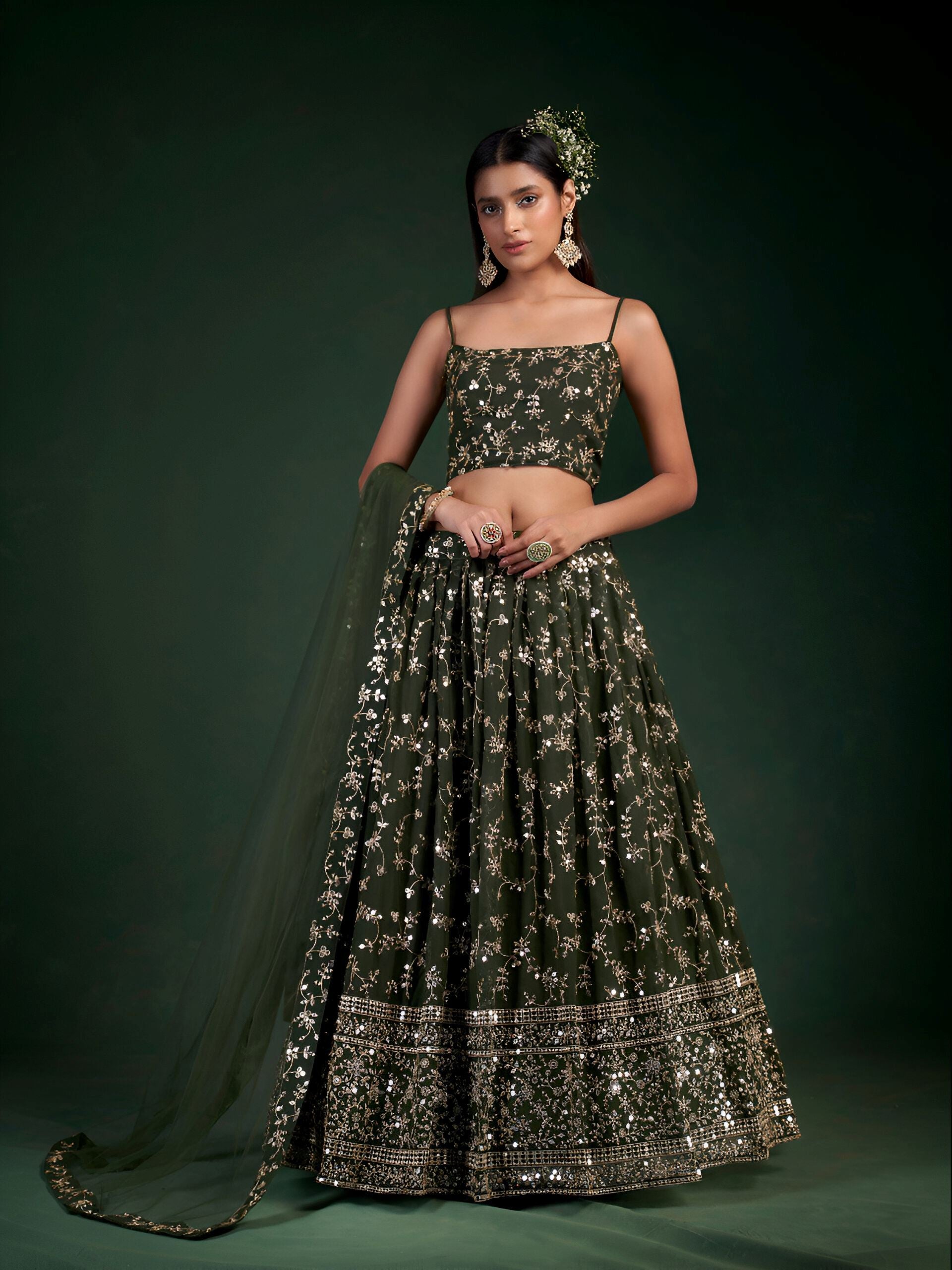 Mehendi Green Lehenga Choli with Heavy Sequence Zari work