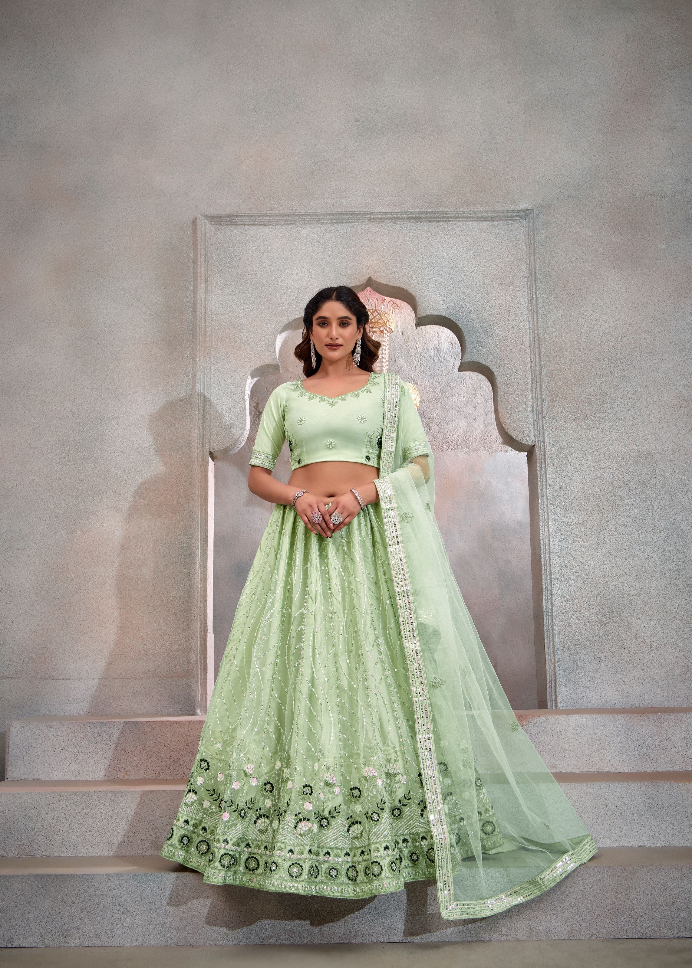 Mint Green Net Lehenga with Delicate Sequin Embroidery