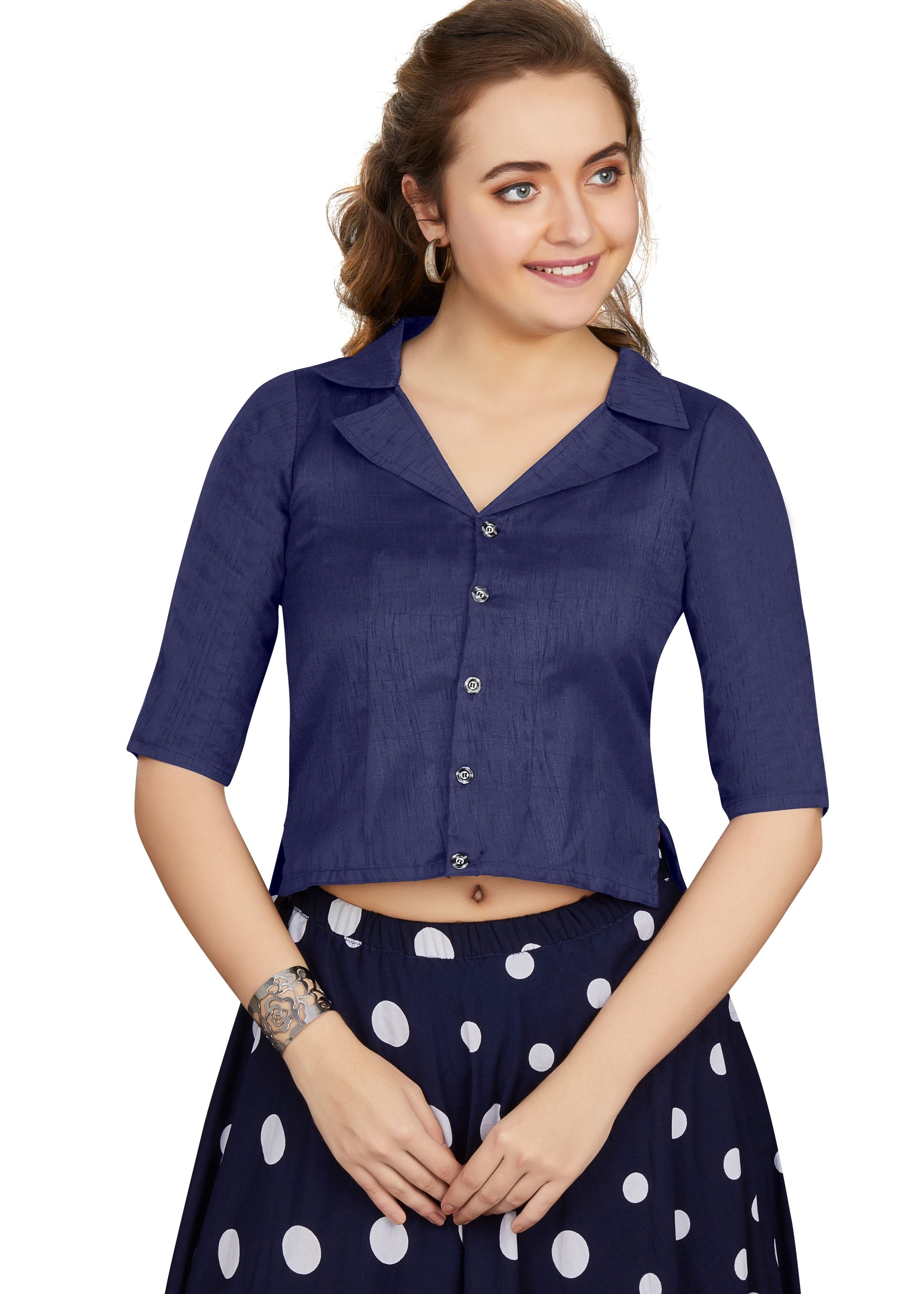 Navy Blue Art Silk Collar Neck Plain Blouse