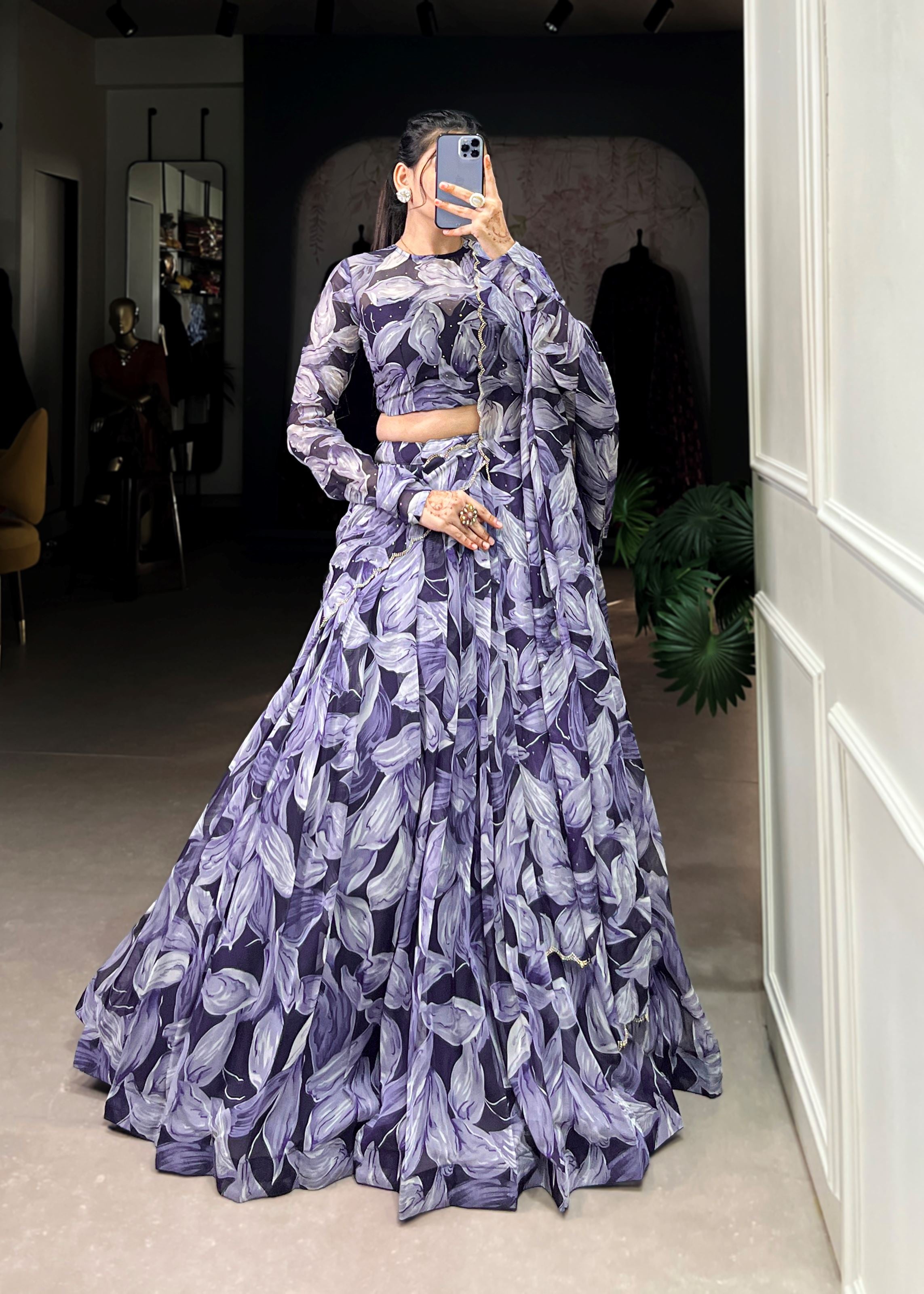 Navy Blue Elegance Printed Tabby Silk Lehenga with Hotfix Work