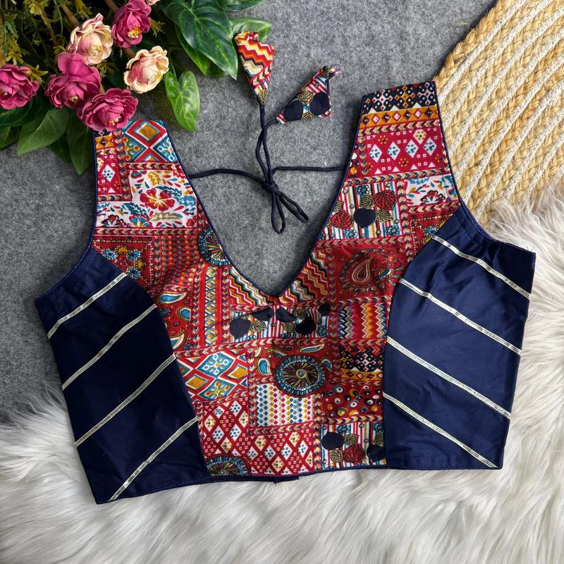 Navy Blue Ethnic Print Garba Blouse with Bold Contrast Look