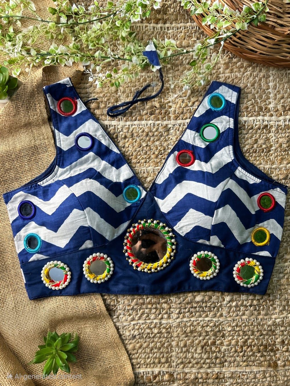 Navy Blue Garba Special Blouse with Real Mirror Work