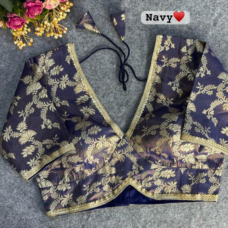 Navy Blue Pure Cosmos Viscose Jacquard Silk Blouse
