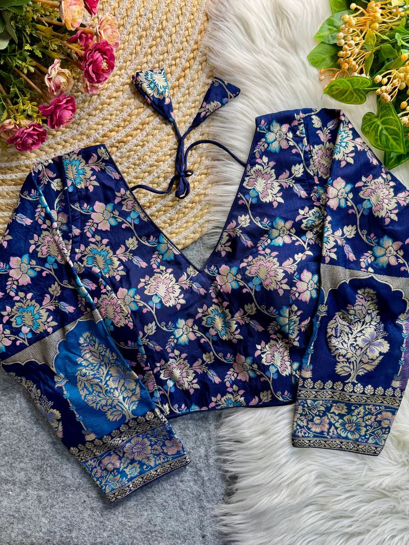 Navy Blue Soft Dola Silk Blouse with Woven Motifs  Full Sleeves