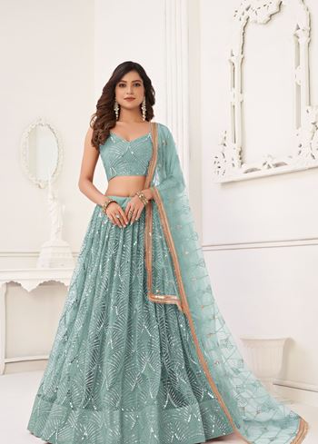 Ocean Blue Net Lehenga Choli With Thread Embroidery Real Mirror Work