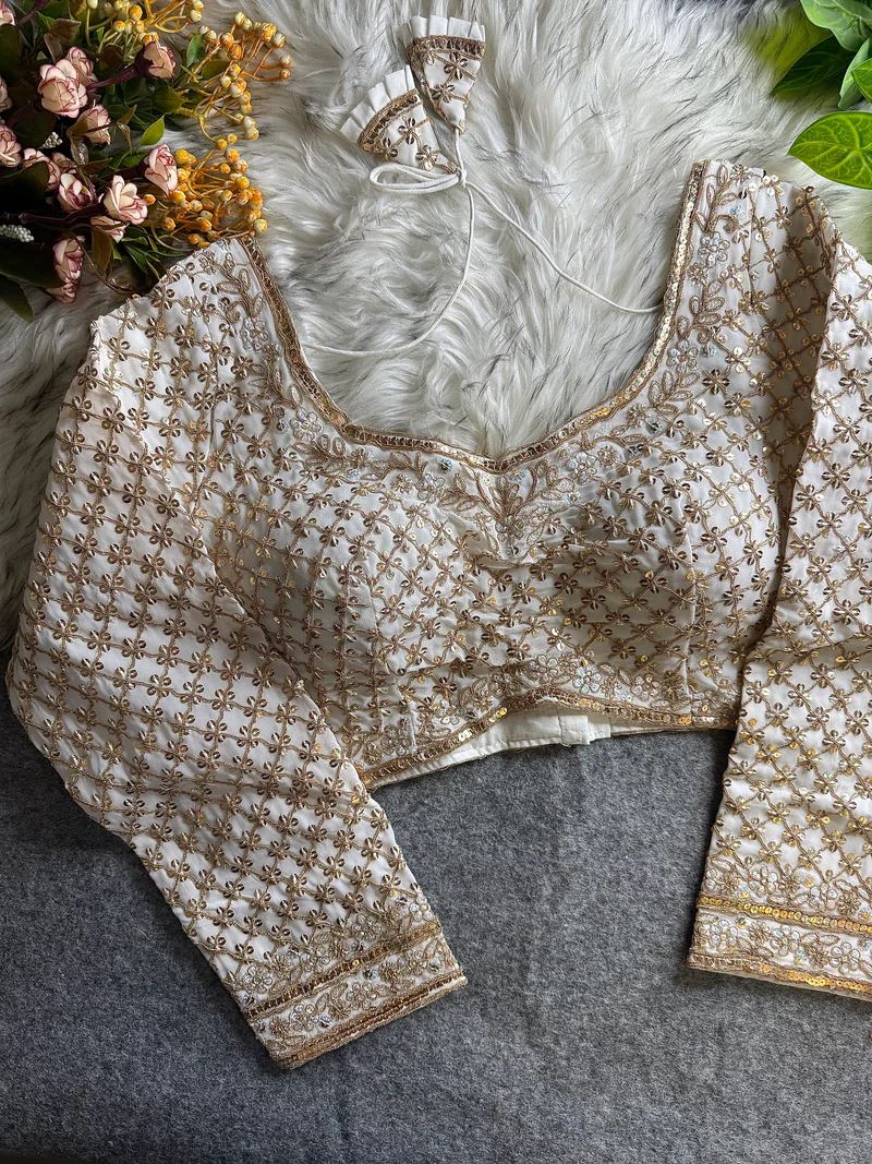 Off White Bridal Blouse with Full Sleeves, U-Neck & Heavy Floral Sequin Work