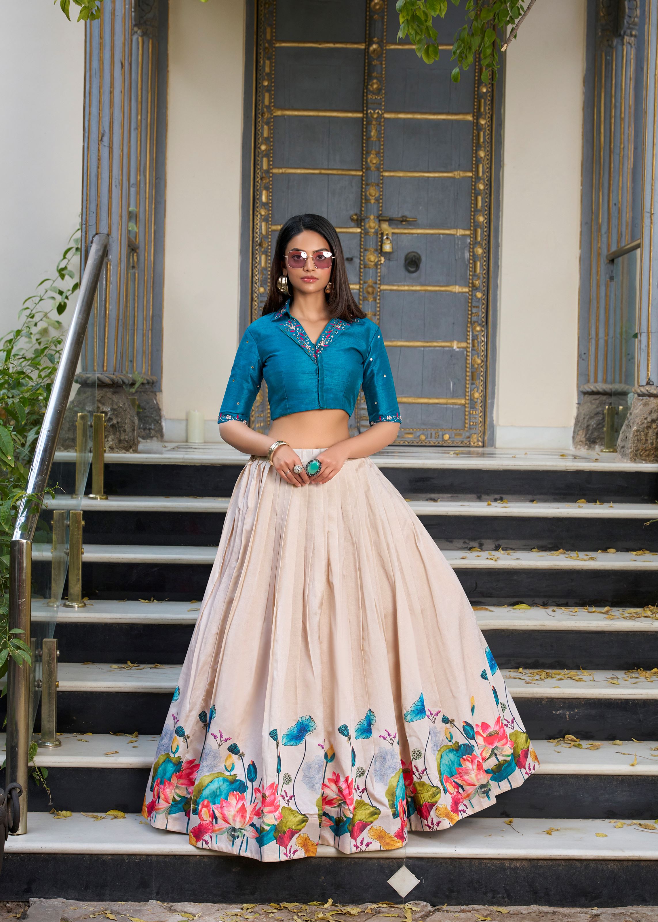 Off White Tussar Silk Lehenga with Delicate Floral Prints Ethnic  Elegant