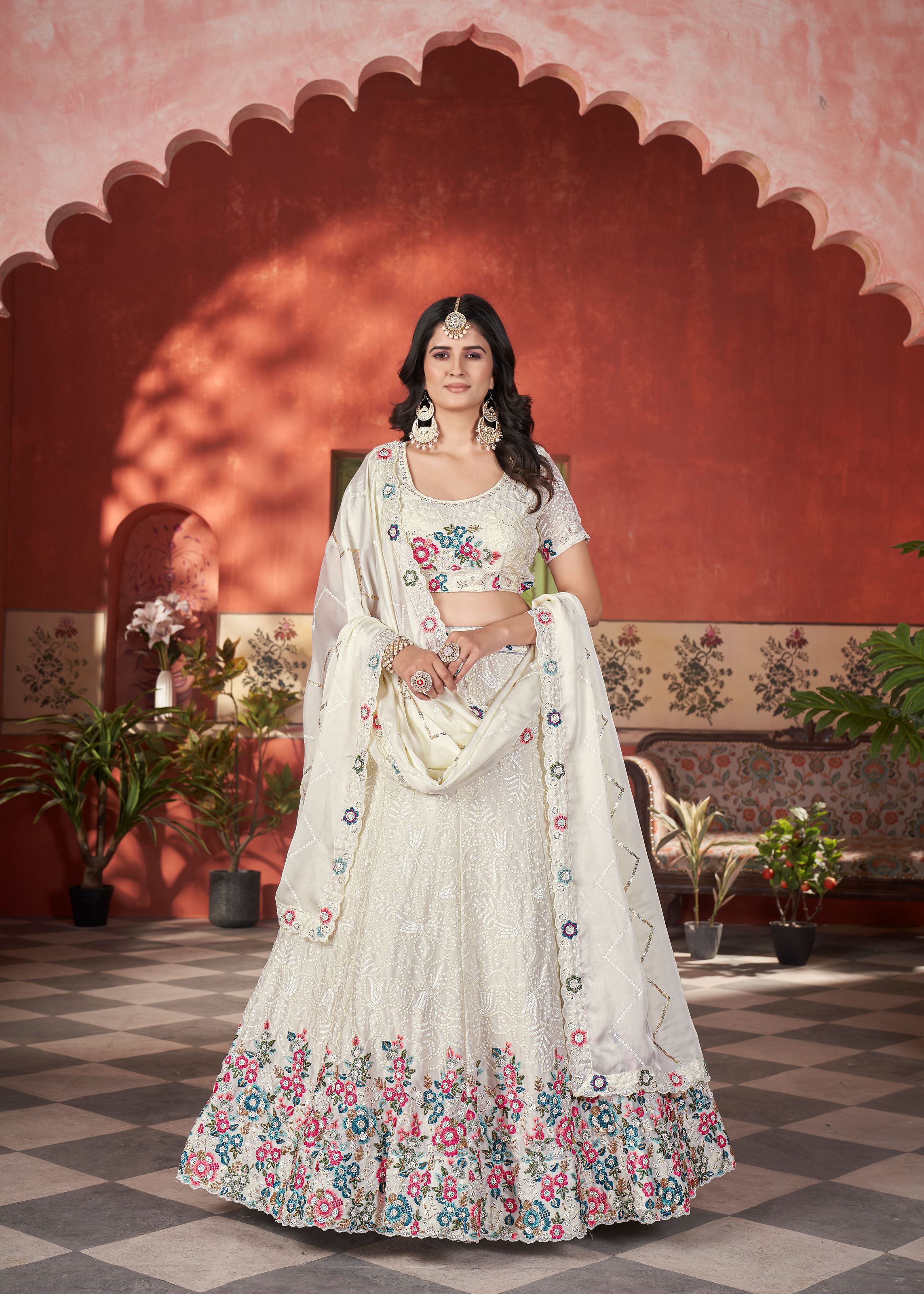 Offwhite Chinnon Lehenga with Multi Thread  Copper Sequin Work