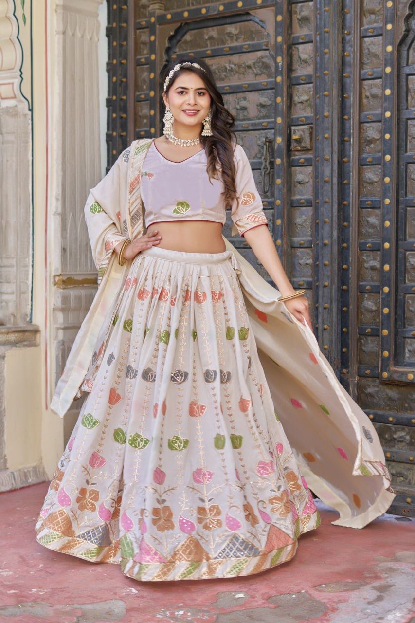Off-White Lehenga Choli with Sequins, Thread Embroidery, Hand Print & Lace Detailing