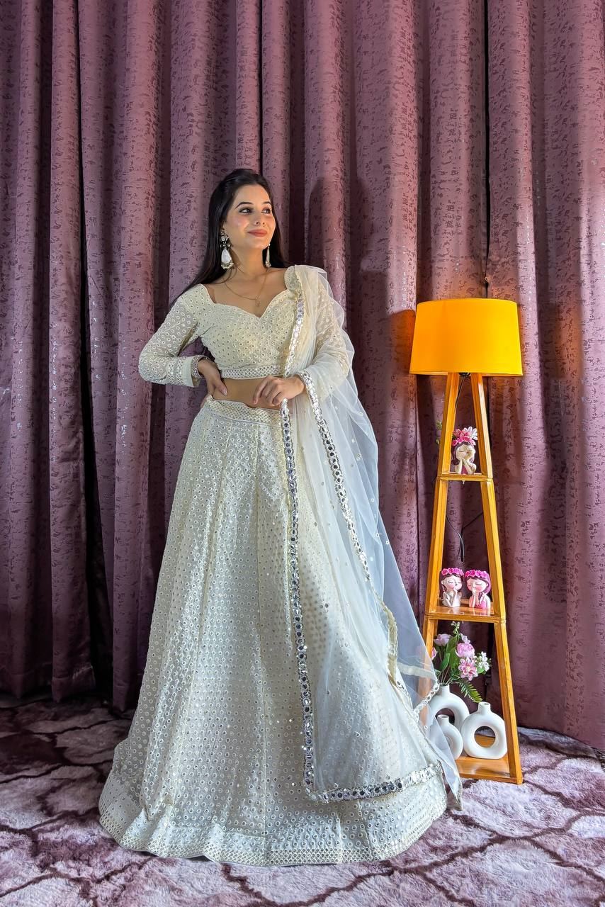 Offwhite Lehenga Choli With Sequins  Thread Work