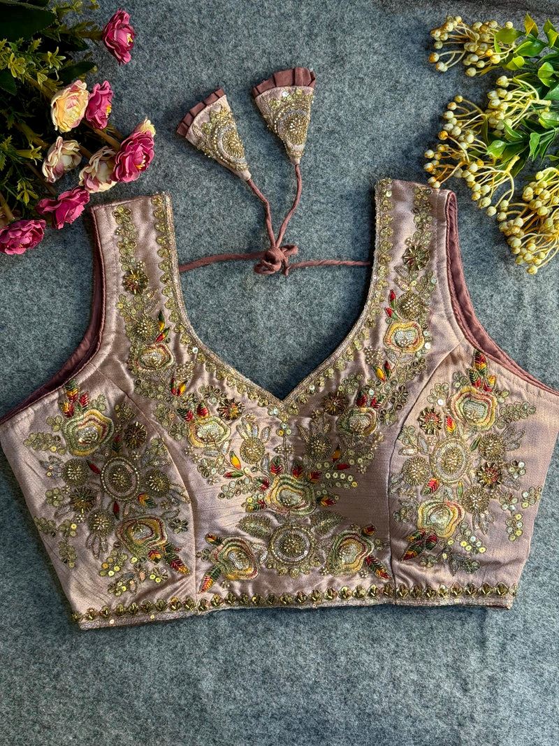 Onion Pink Embroidered Blouse with Gold Work & Sleeves attached
