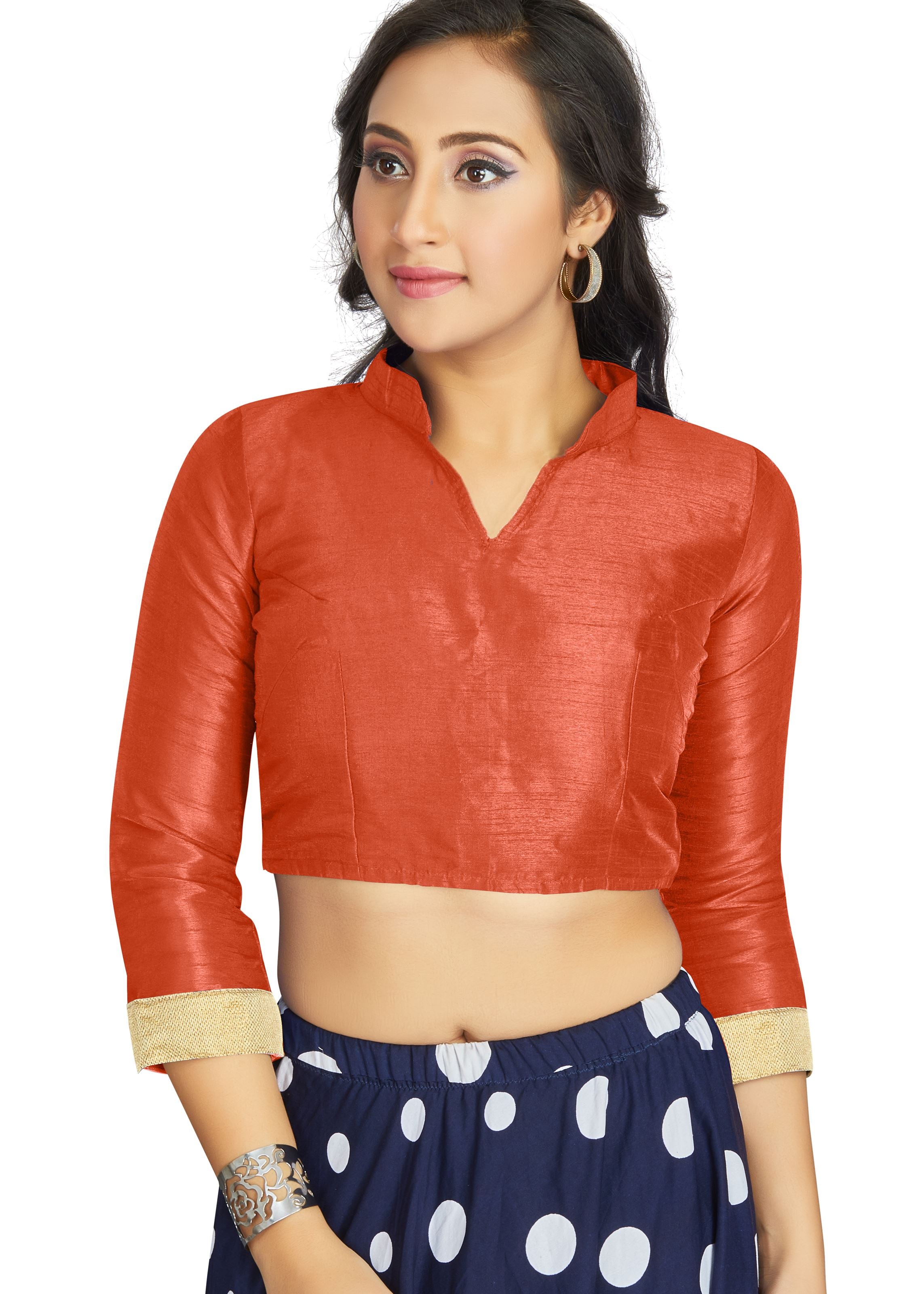 Orange Art Silk V Neck Chinese Collar Blouse With Matty In Sleeve