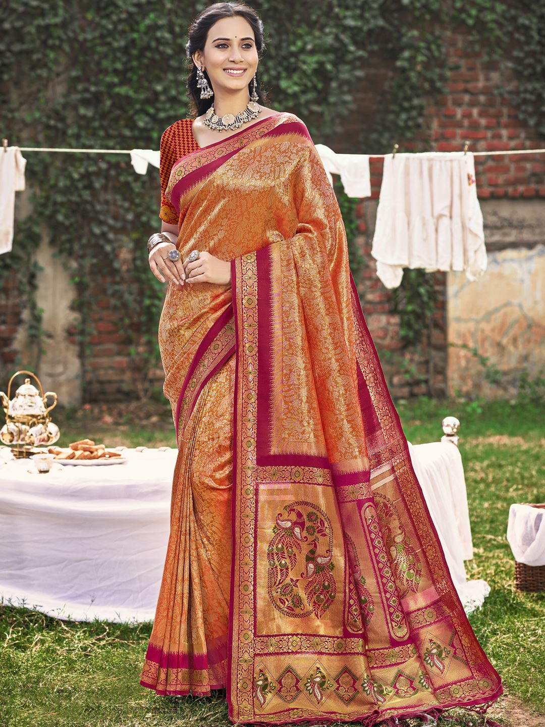 Orange Banarasi Silk Woven Work Saree