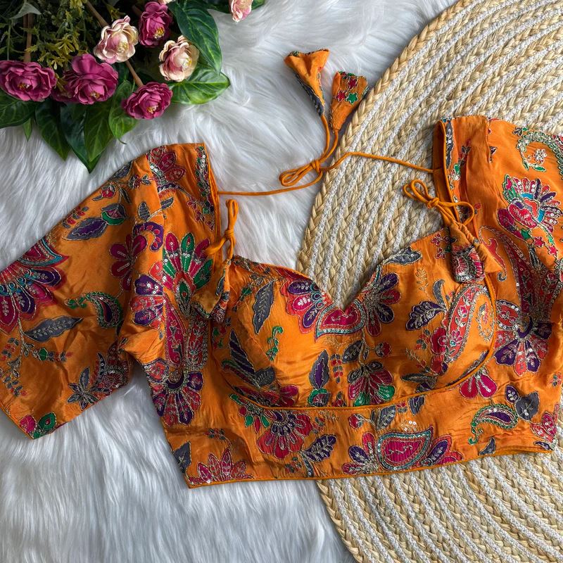 Orange Position Print Masaba Blouse With Codding  Sequence Work