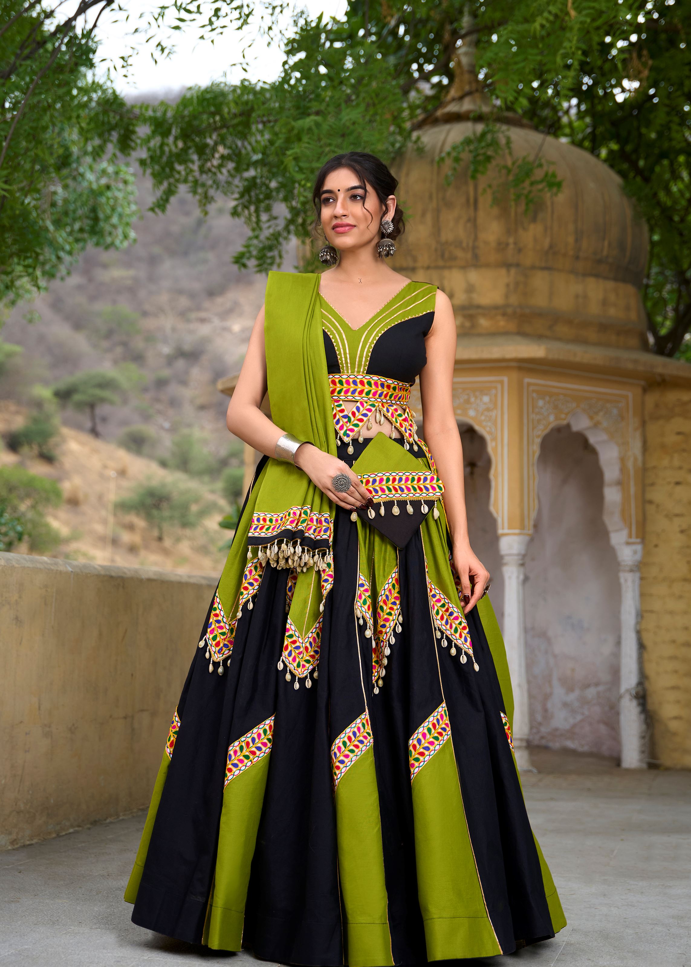 Parrot-Black Gamthi Work Lehenga Choli with Gota Patti  Kodi Lace