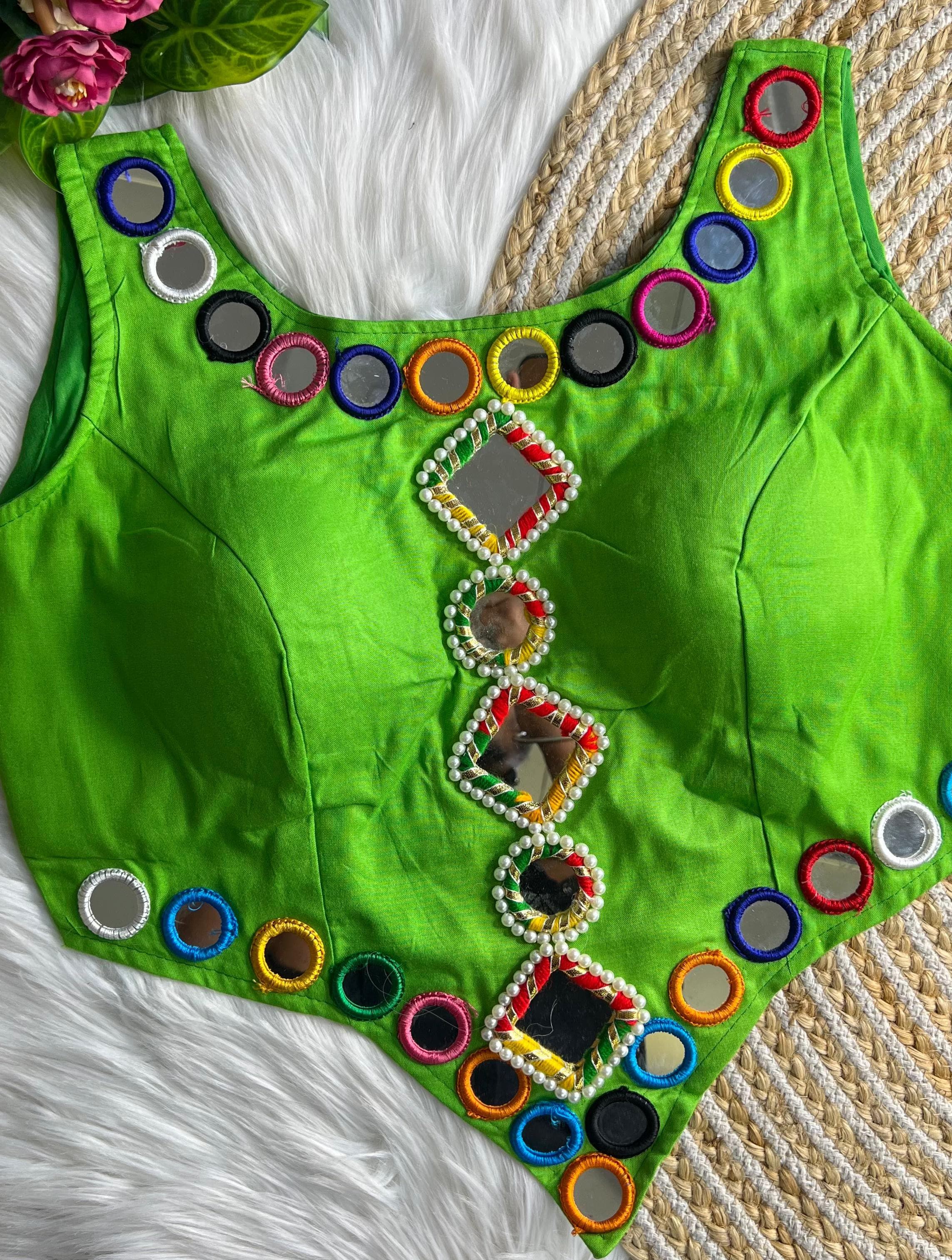 Parrot Green  Real Mirror Navratri Handwork Blouse