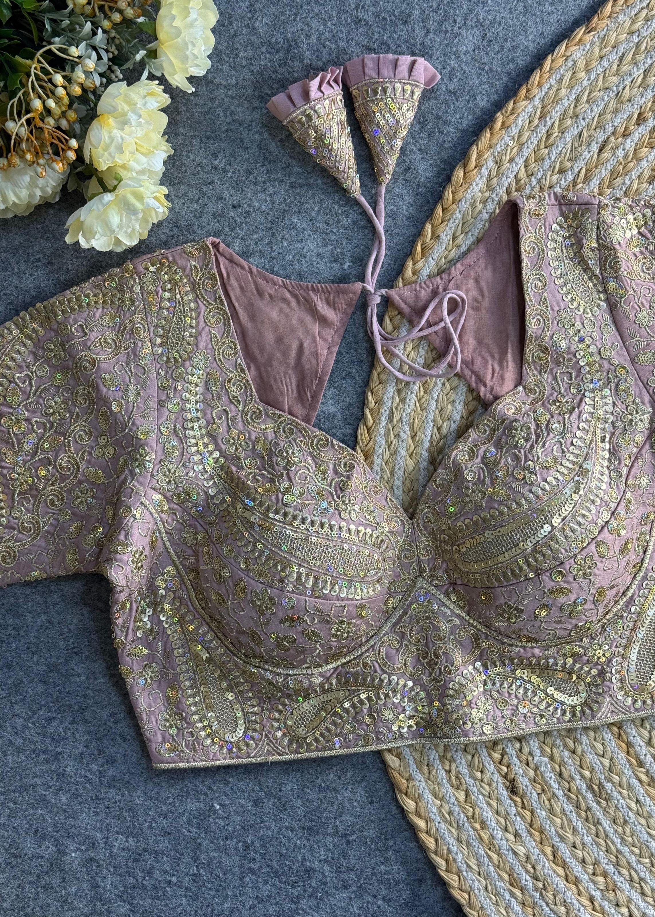 Peach Bridal Blouse with Deep V-Neck & Heavy Paisley Embroidery