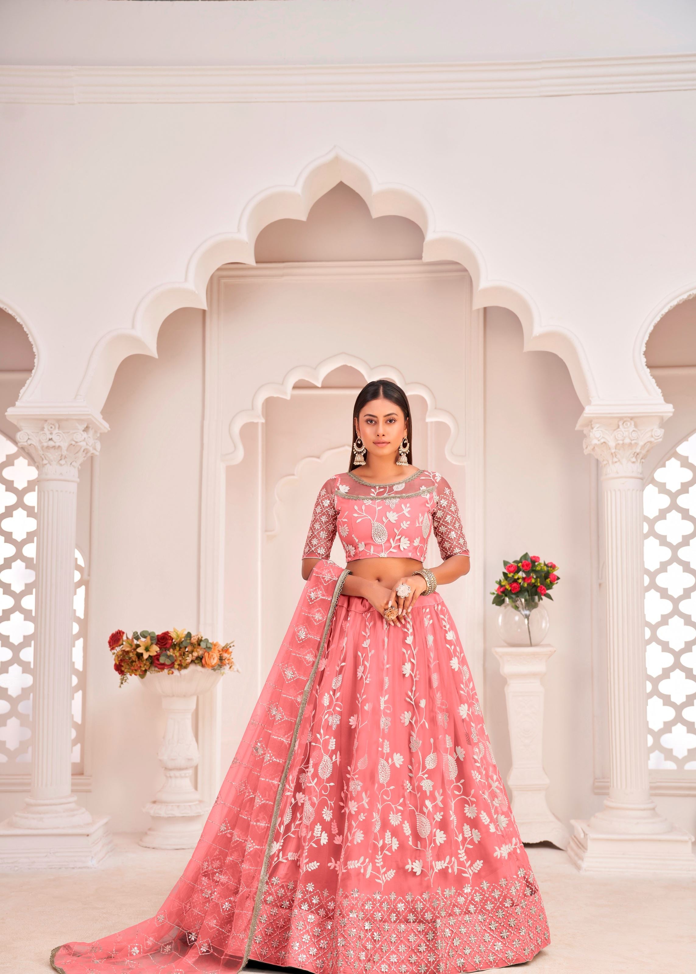 Peach Butterfly Net Lehenga Choli With Thread Embroidery Work