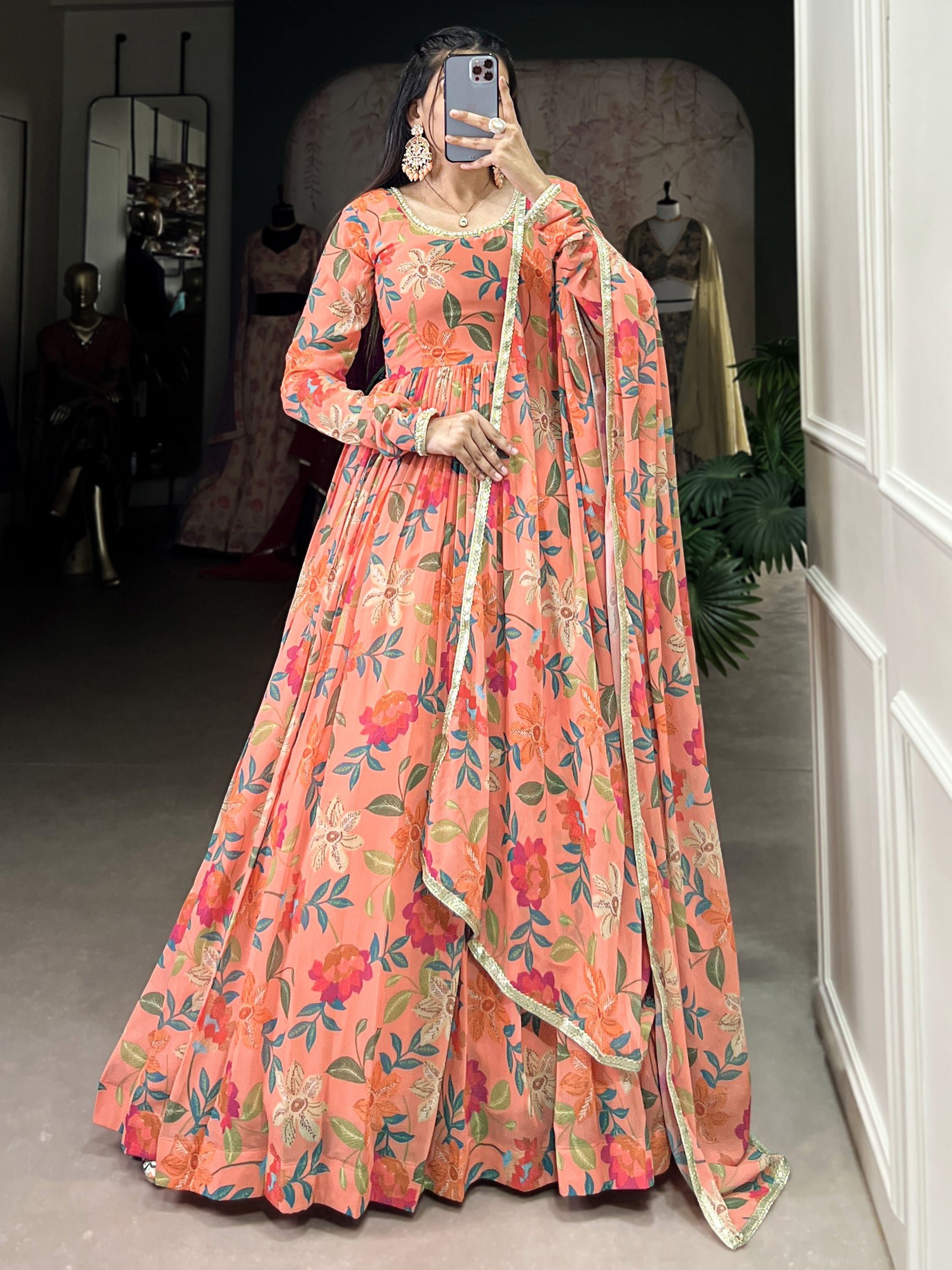 Peach Georgette Gown With Print