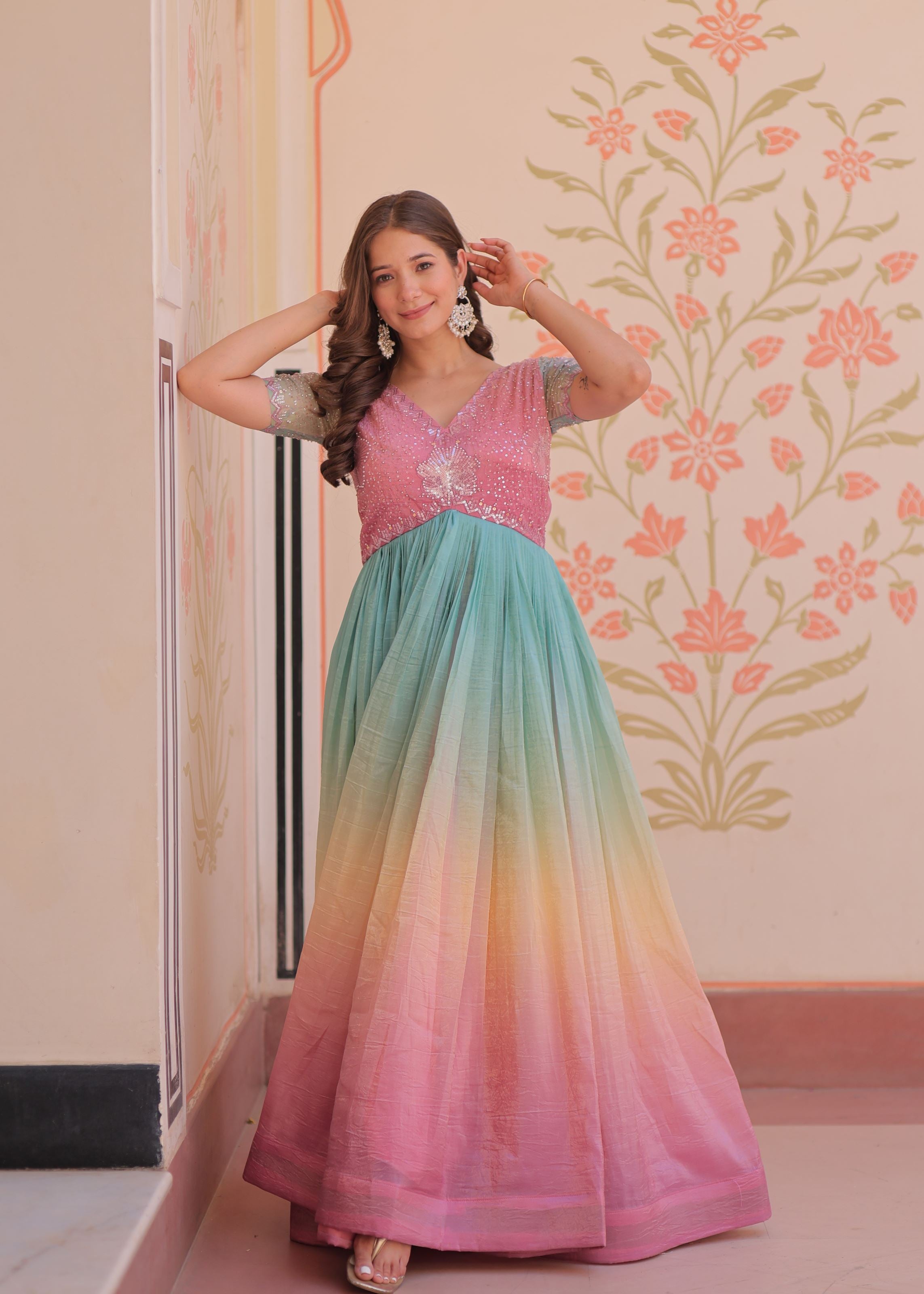 Peach Gold Crush Gown With Embroidered Work