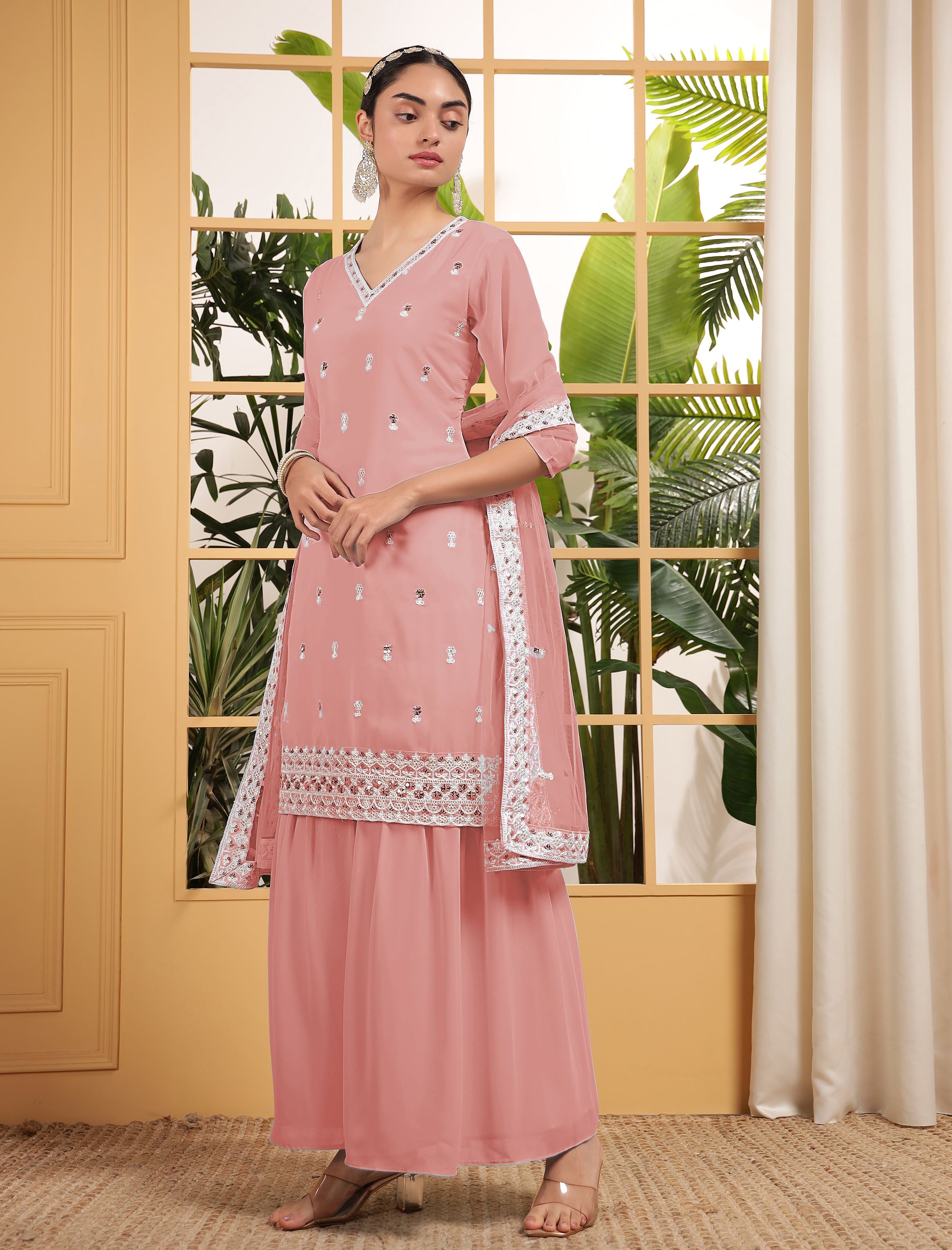 Peach Sharara Dress With Sequence Embroidered