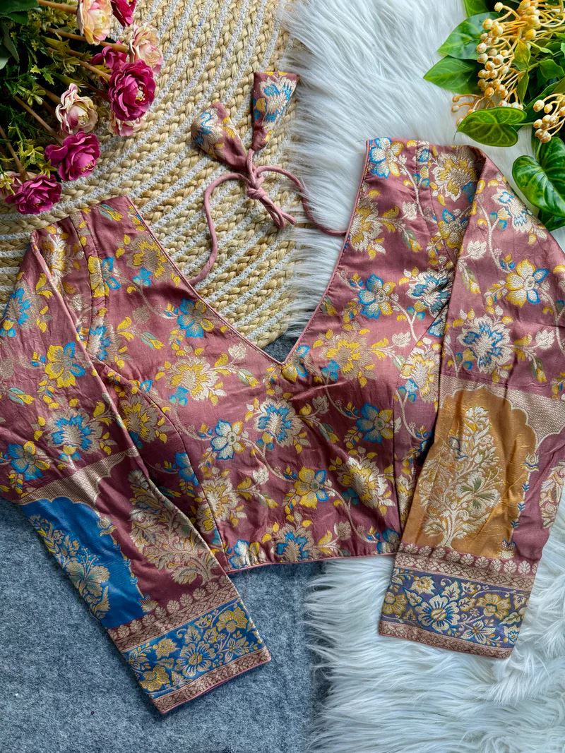 Peach Soft Dola Silk Blouse with Woven Motifs & Full Sleeves