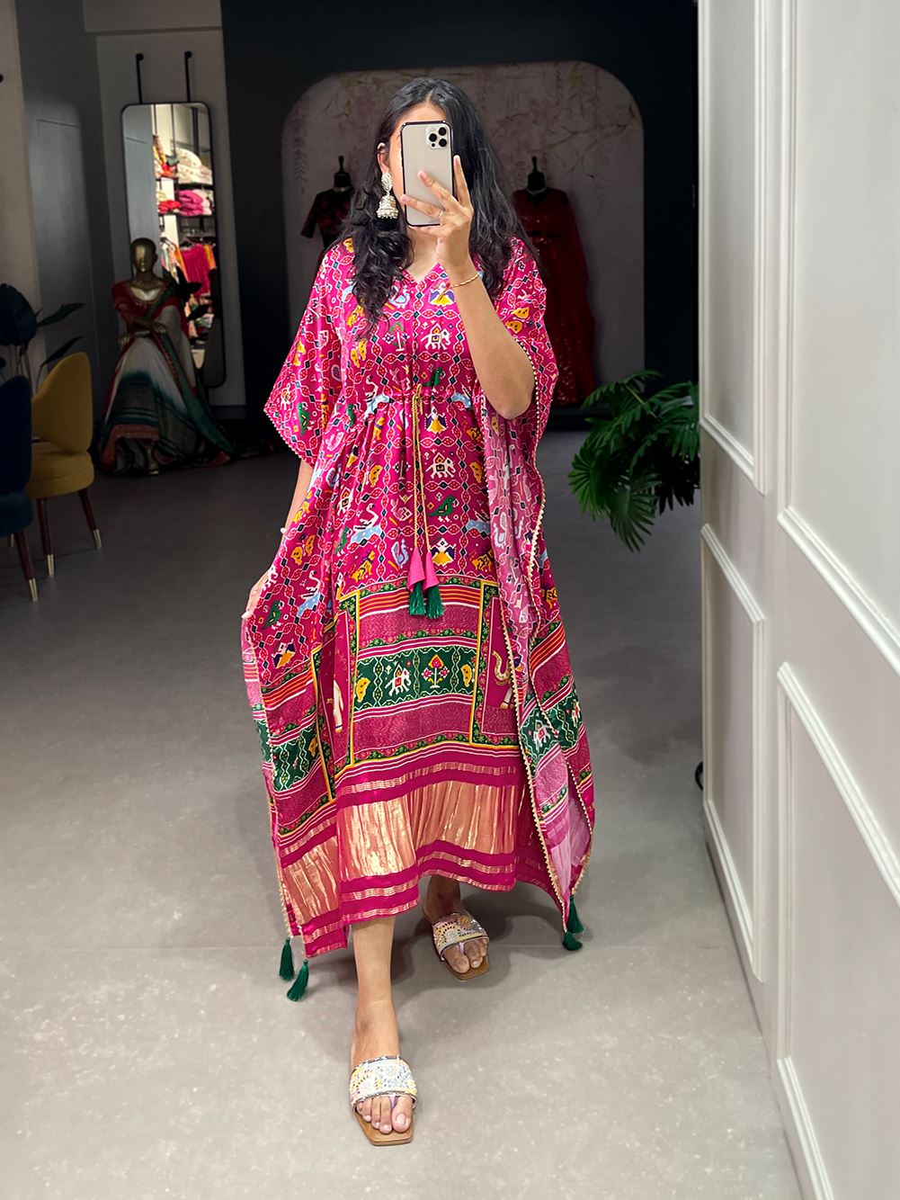 Pink Color Pure Gaji Silk Kaftan with Gotta Patti  Tassels