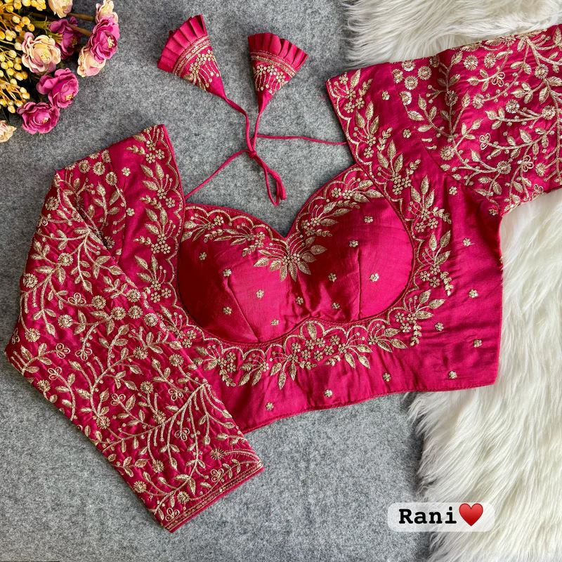 Pink Embroidered Blouse with Puff Sleeves & Zari Work