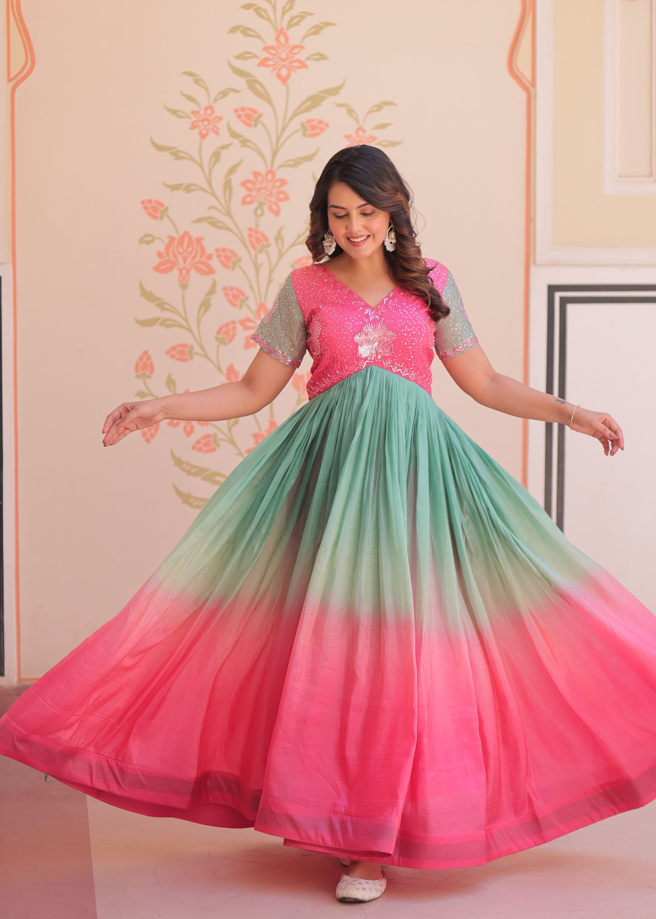 Pink Gold Crush Gown With Embroidered Work