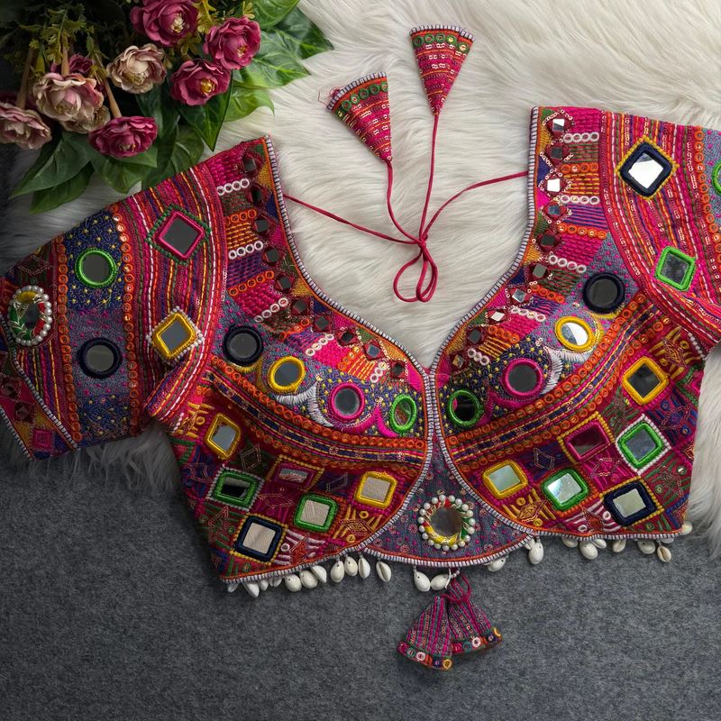 Pink Navratri Blouse With Real Muliti Mirror  Kodi Work