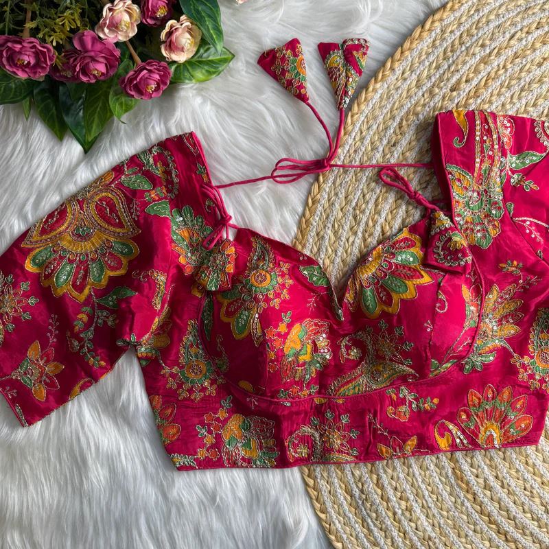 Pink Position Print Masaba Blouse With Codding  Sequence Work